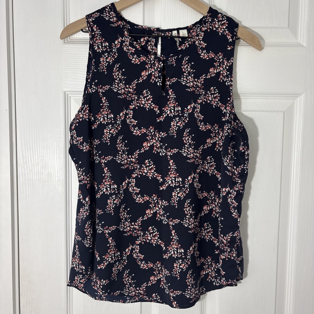 CATO Black Floral Sleeveless Women's Blouse Top L Keyhole Neckline Lightweight